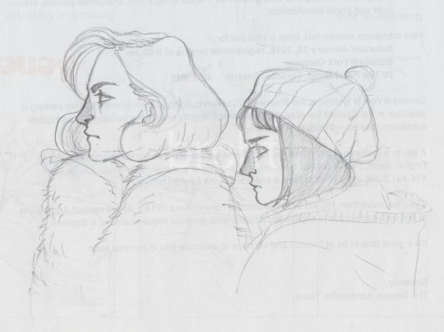 brochiot:two unimpressed lesbians on the back of a letter from college