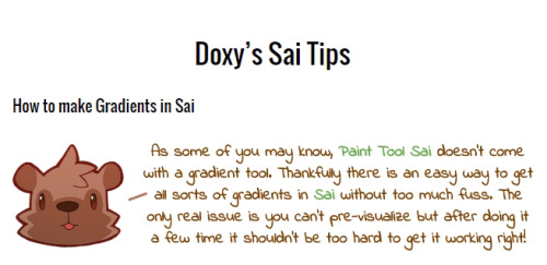 mylittledoxy:  Here is my second simple tutorial to help with nicer gradients in Sai. This will make your gradient look nicer and takes less time to do than manually painting/blending it over your entire canvas!   (*￣  ㉨  ￣*)   *:・ﾟ✧  Sai
