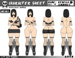josephpmorganda:  A character sheet for a comic I’ve been working on. It’s about a Gothic Slut who spends most of her time trying to screw guys in the off school season. Her name is Rebecca Cummings. The comic will be name Goth Slut Diaries.Name:
