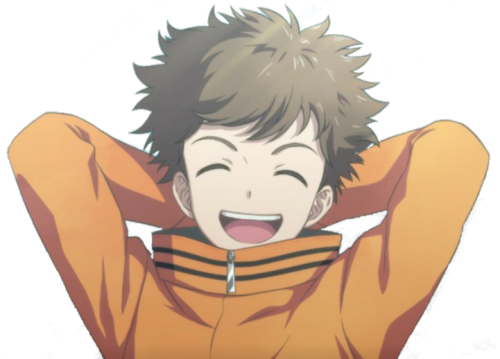 Sprite of Minoru facing front with a huge grin on his face and jis hands behind his head.
