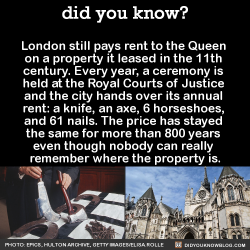 did-you-kno:  London still pays rent to the Queen  on a property it leased in the 11th  century. Every year, a ceremony is  held at the Royal Courts of Justice  and the city hands over its annual  rent: a knife, an axe, 6 horseshoes,  and 61 nails. The