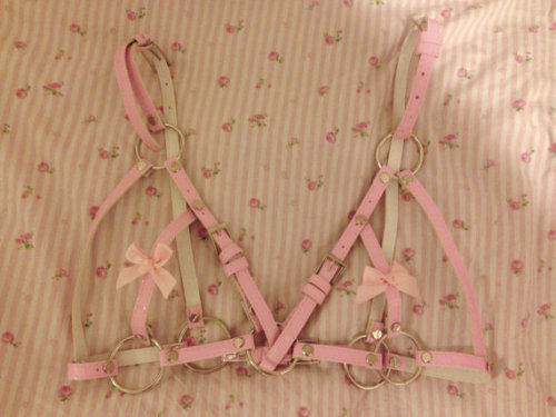 cultfawn:Faux Pink Leather Harness Bra$60