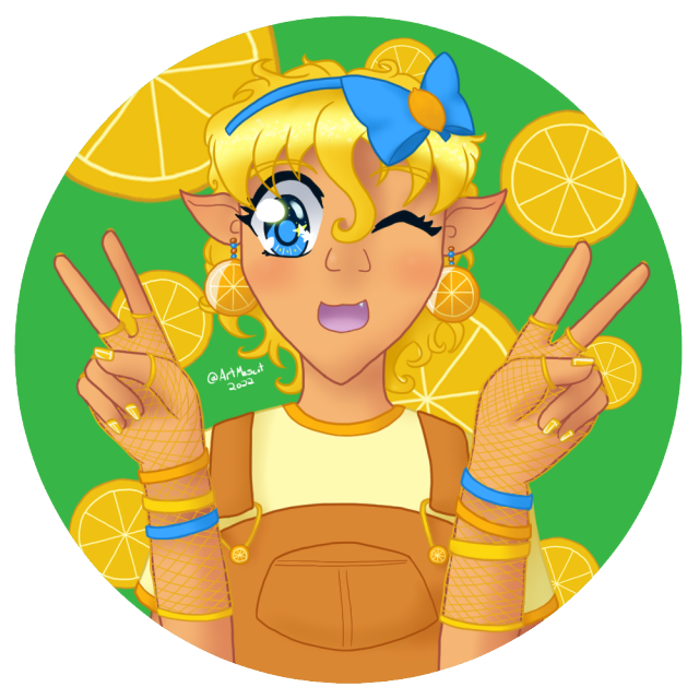 Digital bust drawing of an elf girl with small ears, short wavy blonde hair, and big blue eyes. She's wearing a white and yellow t-shirt under orange overalls, yellow fishnet arm warmers, 3 yellow and blue bracelets on each wrist, lemon slice earrings, and a bright blue hair bow with a lemon in the middle. She's giving double peace signs and winking with her mouth open showing one small pointy tooth. Behind her is a green circle with lemon slices of various sizes scattered around it.