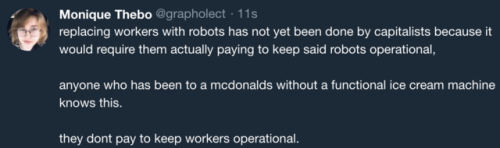 goblin-adventurer: justsomeantifas:  slythwolf:  justsomeantifas:  beansidhe:  justsomeantifas:  from my twitter: https://twitter.com/grapholect  Facts. They don’t even update them. Like the most basic easiest task of maintaining a robot worker. I