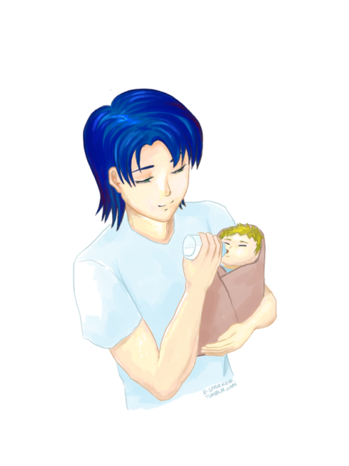 Athrun feeding the baby at 3am. Cagalli’s asleep in their bedroom (he told her to go back to sleep) 