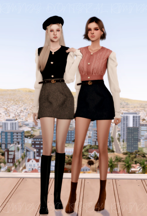 [RIMINGS] Puff-sleeve Short Kint Blouse & Belt A-line Skirt- TOP / BOTTOM- NEW MESH- ALL LODs- N