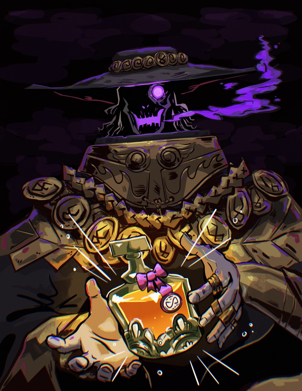 digital art of Charon from Hades. He has suspended in his hands a bottle of ambrosia which glows with a golden light illuminating him. his face is shadowed apart from on purple glowing eye, nostrils and mouth which opens to reveal a cloud of purple smoke. the drawing is dark with heavy lineart and lots of purple and yellow contrast