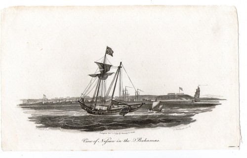 View of Nassau [Nassaw] in the Bahamas dated 1799A finely rendered aquatint showing a British ship m