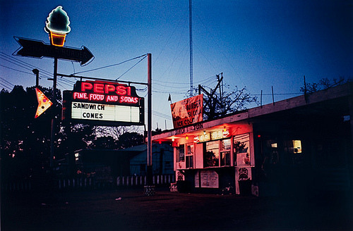 fuckyeahvintage-retro:Burger Stand at night, 1970-73 © William Eggleston