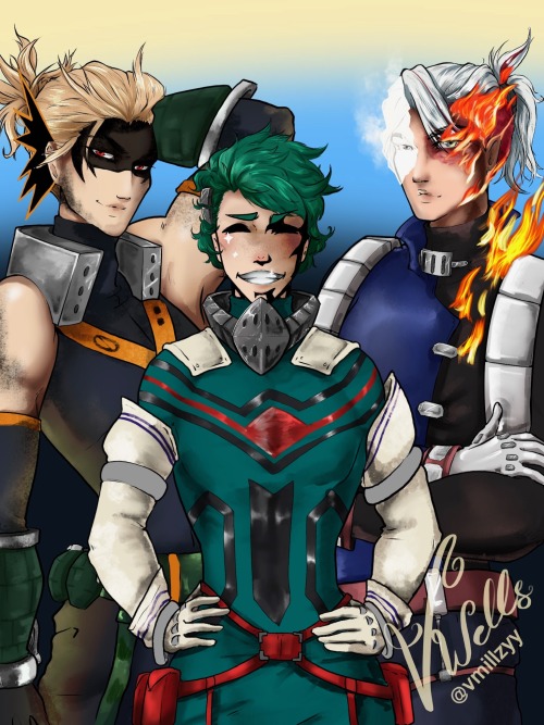 Pro Heroes! Tried to imagine what our favorite boys would actually wear as pro heroes. Deku would al