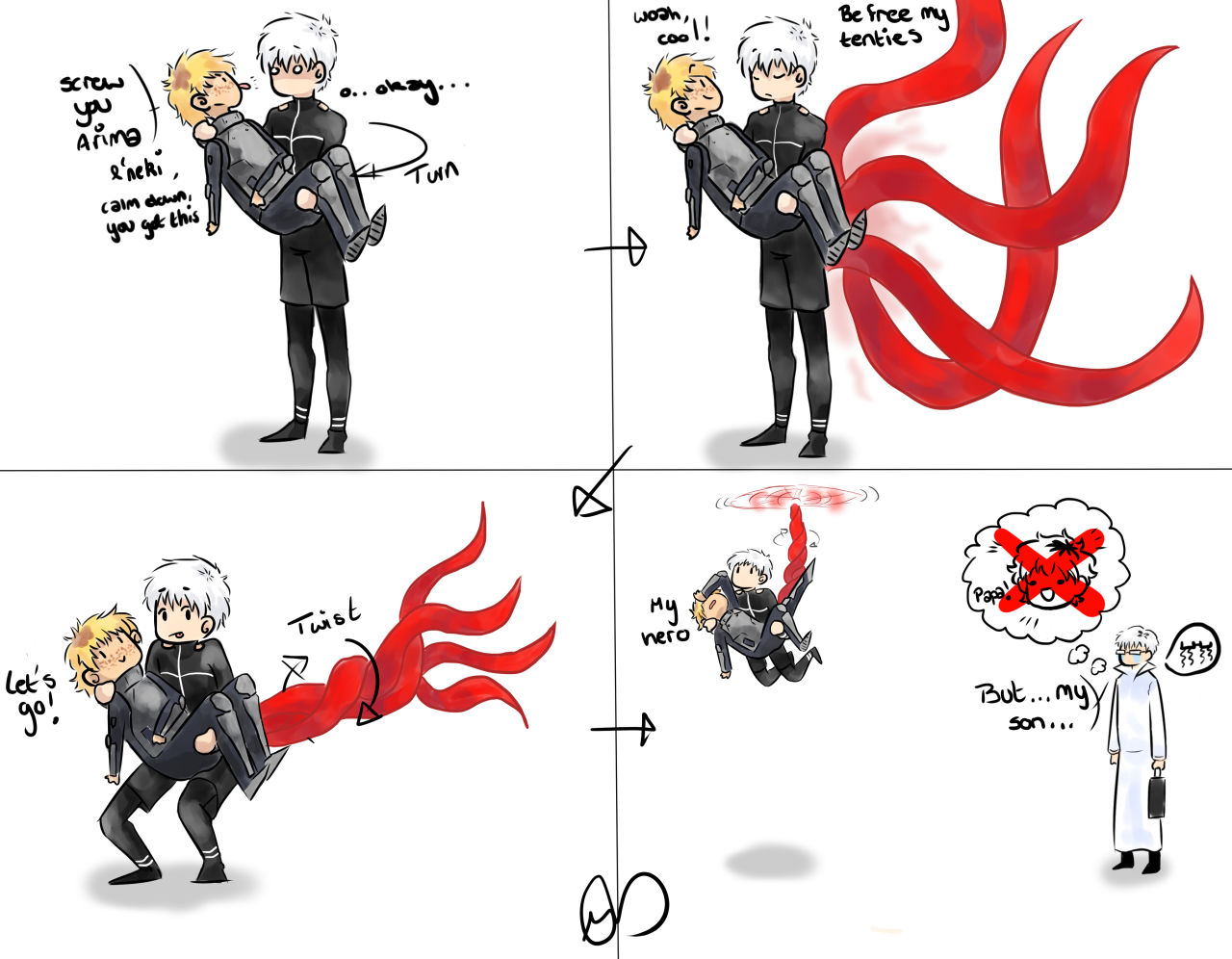 mildlycuriousdragon:  Doodle thing based on a conversation between kanekis-perky-buttocks and