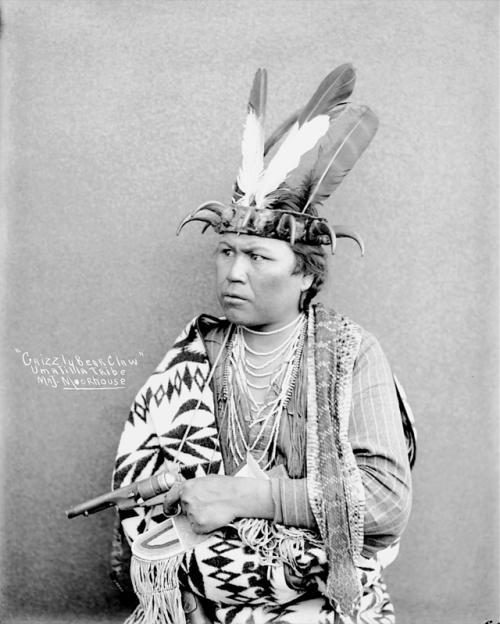thebigkelu:Grizzly Bear Claw, Umatilla, in Partial Native Dress with Ornaments and Bear Claw Headdre