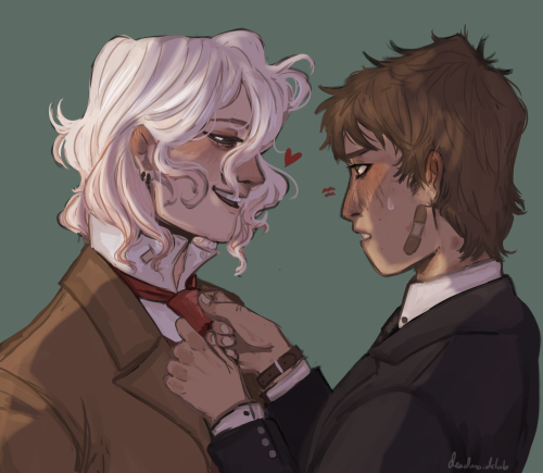 deadmaidclub: komaeda successfully gaslights hinata into believing he doesnt know how to tie his tie