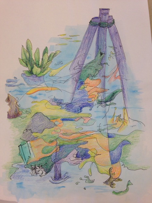 Abstract mixed media drawings. Micron pen, colored pencil, and watercolor.