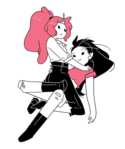 meredithmcclaren:Princess Bubblegum and Marceline belong to Adventure Time . Artwork by Meredith McClarenDescription:  An illustration in black, white, and pink of Marceline sitting cross legged and floating.  Princess Bubblegum is sitting on her lap.