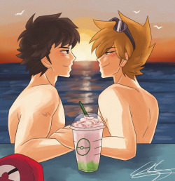 geneseedraws: Having a mixed Red+Green apple frappuccino by the beach🍎🍏  