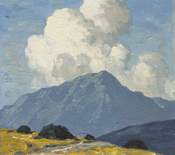 blastedheath:  Paul Henry (Irish, 1876-1958), Turf Stacks with Mountain Beyond, c.1940. Oil on canvas laid on board, 8 x 8.75 in.
