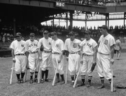 baseballhistoryandculture:    American League All-Stars at Griffith Stadium, 1937. L to R: Gehrig, Cronin, Dickey, DiMaggio, Gehringer, Foxx, and Greenberg    All from 3 teams..