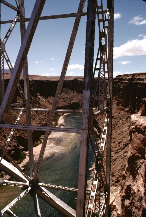 Colorado River and Bridge at Page , Arizona, 1977. Just below Glen Canyon Dam and upstream from Gran