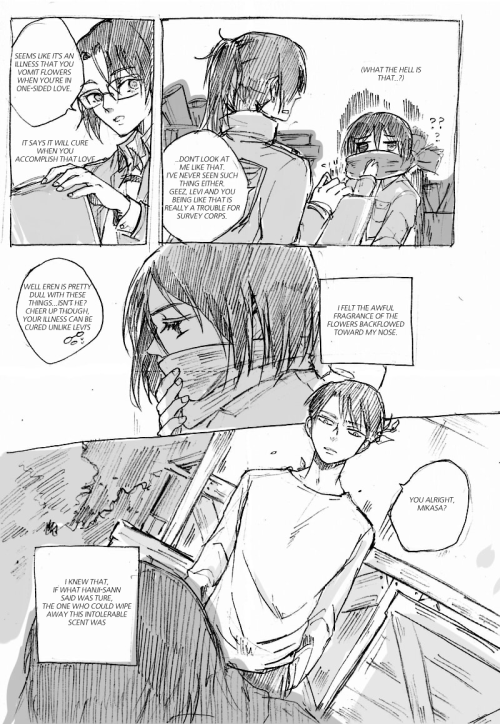 april-yoon:  This…illnesses with flowers..these materials got pretty popular around Korean Twitterians and I managed to draw one in Rivamika using them. Basically it’s Levi >< Mikasa but Levi (and Hanji) thinks that the one Mikasa is loving