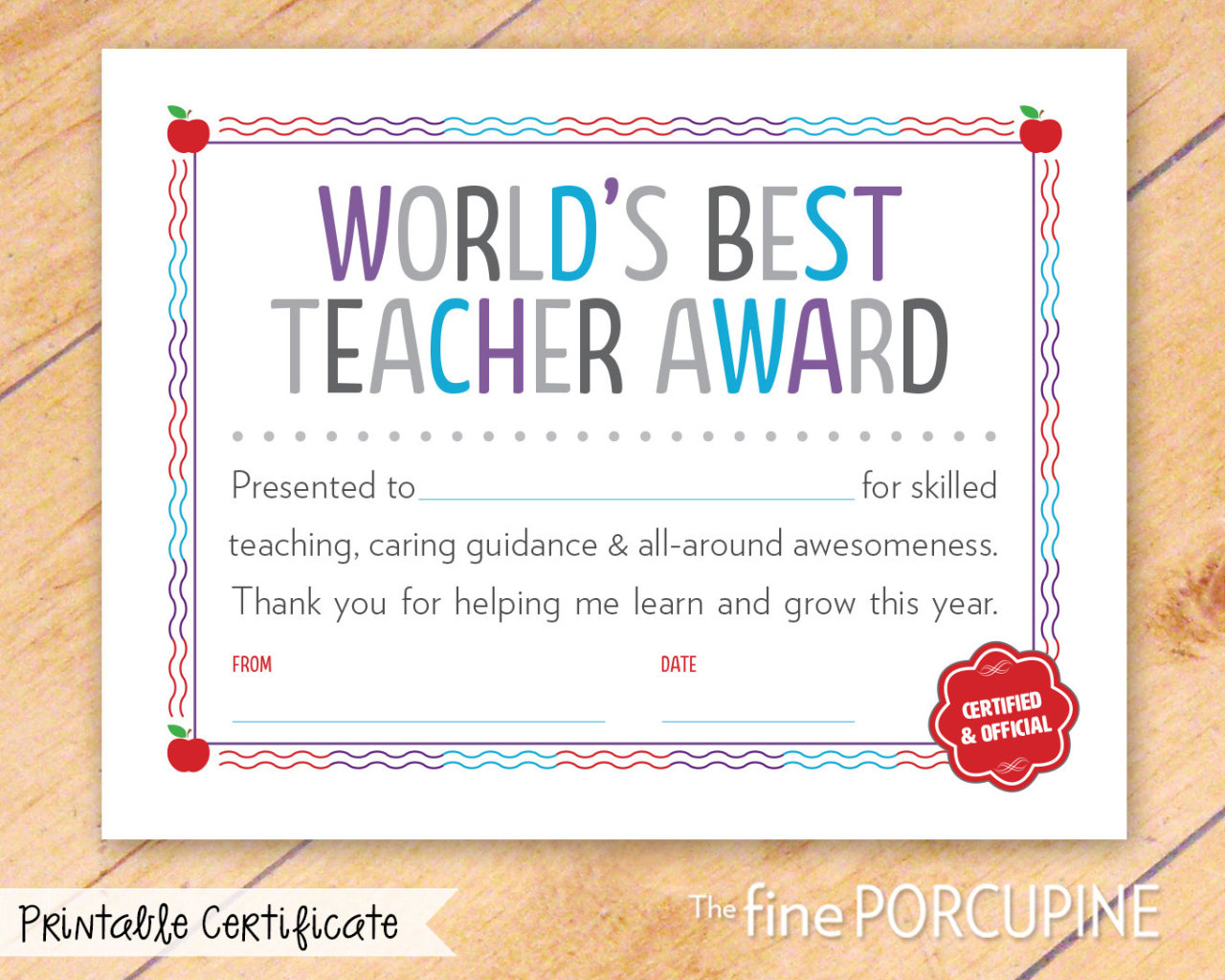 Printable Best Teacher Certificate Template