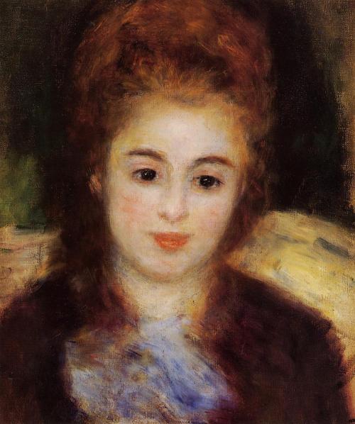 Head of a Young Woman Wearing a Blue Scarf (Madame Henriot), 1876, Pierre-Auguste RenoirMedium: oil,