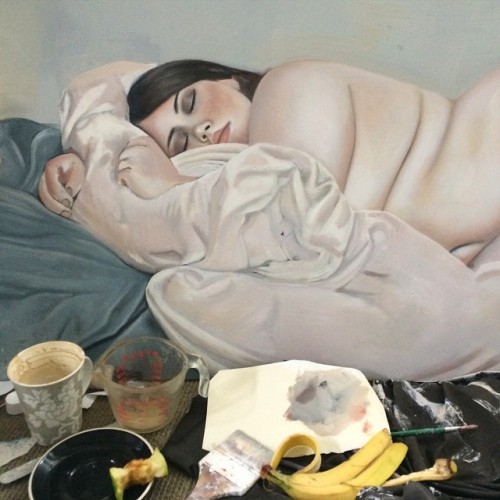ermahhgerd:  paintgod:  Starting the sheets means laying down the shadows first, pink and grey and yellow. And then we bring the fuckin white lads. She sleeps. I don’t.  Beautiful. 