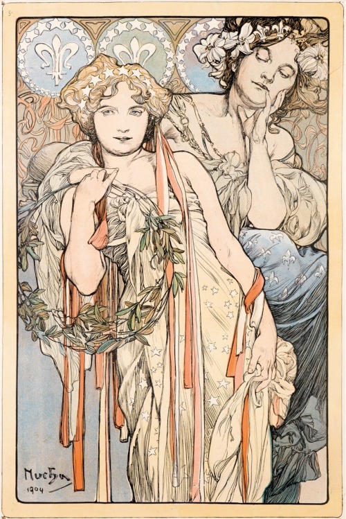 Friendship.The New York Daily News.Sunday, April 3 1904.46.3 x 30.7 cm.Art by Alfons Mucha.(1860-193