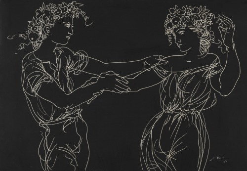 thatsbutterbaby:Hans Erni (Swiss, 1909-2015), Couple dancing with fruit in hair, 1952. Mixed media.