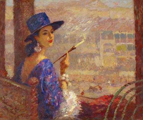 Posh lady in the bullring     -    Hanns Pellar Austrian, 1886-1971oil on fiberboard , 49 x 59 cm.  