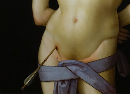 koredzas:Master of the Greenville Tondo - Saint Sebastian. Detail. 1500 - 1510