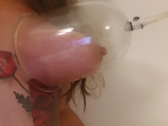 aspiretobeless:  … hm… decided to do a full tit training today (as i should do… to cause enlargement… every day…)… after the clamps… (pumped nipples already 40 min this morning… and 10 min hard massage)… i put the tit suction cups on…