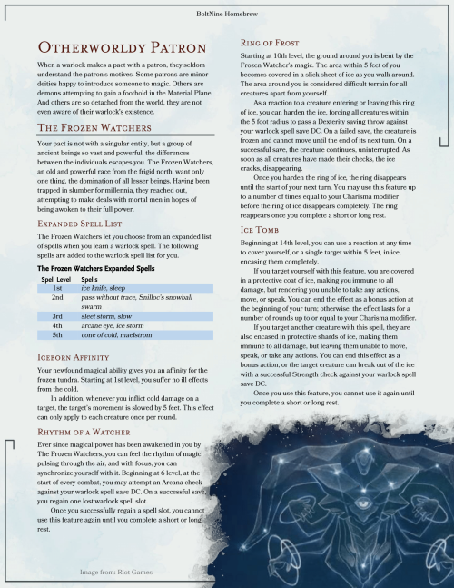 dnd-5e-homebrew: The Frozen Watchers Warlock Patron by BoltNine Homebrew