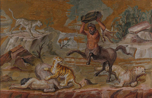 336bc:harmonia-art:Pair of Centaurs Fighting Cats of Prey from Hadrian’s Villa, mosaic, c. 130 B.C.E