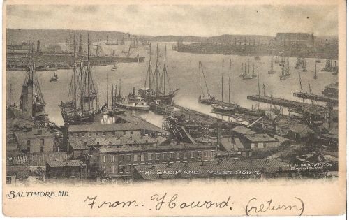 19th century postcard depicting Baltimore Harbor, with the steamboat Chester in the center of the im