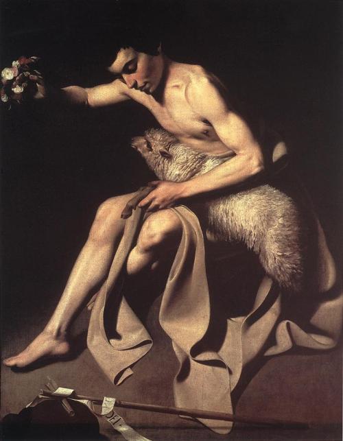 John The Baptist (172 cm × 104 cm). by Caravaggio. The painting is oil on canvas and was completed in 1602.