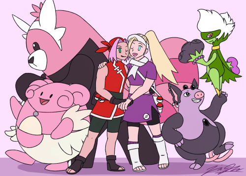 deviousraptor:My secret santa pic for the Haruno Sakura discord server! I love Inosaku and Pokemon, so it made sense to combine them! I tried to pick Pokemon that would suit both their personalities and also help with type matchups (and also color coordinate them). 