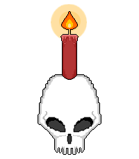 Animated pixel art of a skull with a red burning candle on top of it