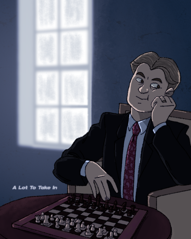 A drawing of Julian BBC Ghosts labeled "A Lot to Take In." He is seated at a chess set, his head in his hand and a far-off look in his eye.