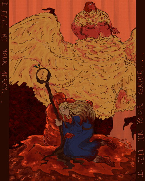 an illustration depicting falin's resurrection. the top of the image boasts a distant drawing of falin in her chimera form, her chin pointed upwards, arms raised, expression unreadable. the bottom of the image features a blood-soaked falin drawing her hands around marcille, who is cowering under her embrace. she grips her staff and looks toward the viewer, shaken. multiple layers of blood pool around the two. the image is framed by boxes that spell out two phrases: "i fell at your mercy" and "i fell in your grave"