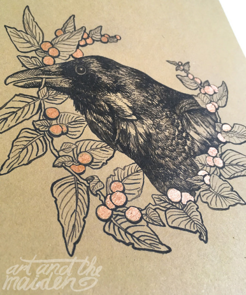 Raven and winter-cherries, digital print and copper-leafFacebook I Etsy I Instagram