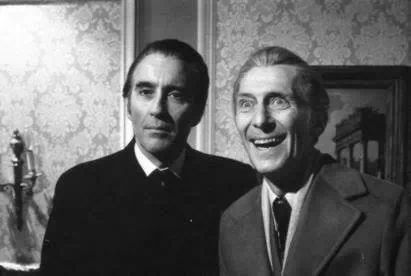 madameerica:Christopher Lee and Peter Cushing behind the scenes of The Satanic Rites of Dracula (197