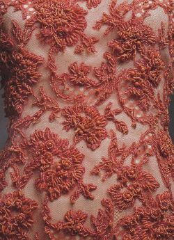 showstudio:  Givenchy haute couture, 1963. Coral cotton lace entirely embroidered with coral and coral-coloured glass beads, by Maison Lesage