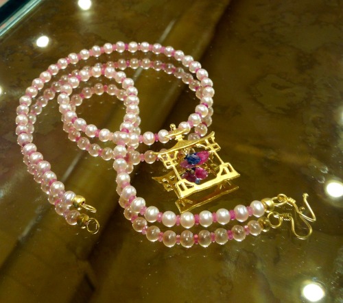 Pretty in Pink! Natural pink pearls & pink sapphires with 24kt gold vermeil pagoda pendant.