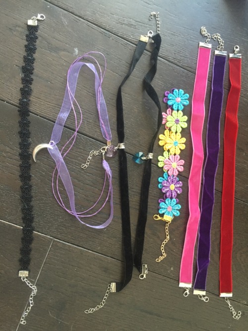 ameliastardust:  ameliastardust:  little-nickol:  ameliastardust:  Okay so here is like 90% of the different types of chokers I have in stock at my store http://Ameliastardust.nyc so if you’re interested in one message me! Also if you see a charm or