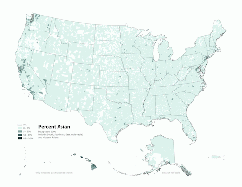 mapsontheweb: Percentage of population self-reported as “Asian” in the United States, 2000.