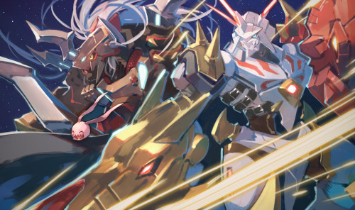 garmmy:speedpaint commission for @Dylan_waltzer on twitter, of omegamon alter-s, gaioumon, and korom