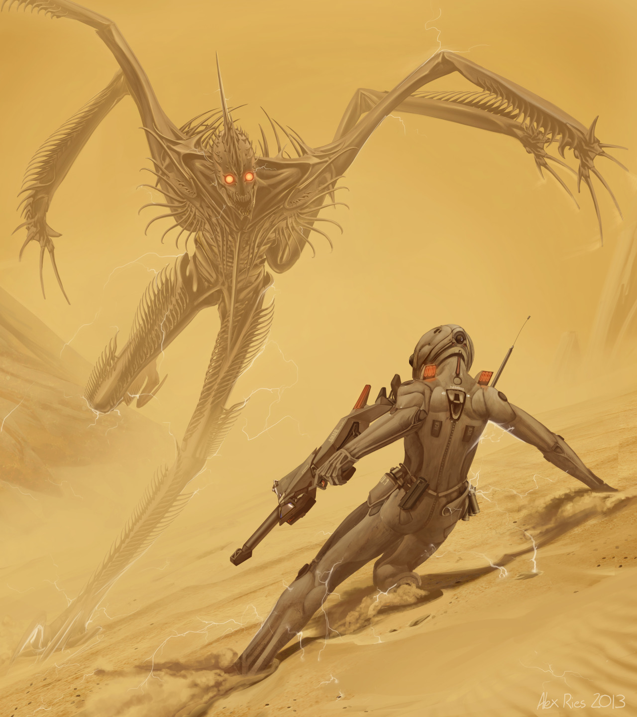 The Shrike meets Colonel Kassad in combat in the sands of Hyperion.   A fan work before I found out Dan Simmons sort of sucked.