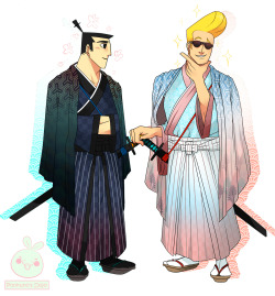 ponkuno: Johnny Bravo &amp; Samurai Jack - Johnny/Jack I really wanted to draw these two with both western and eastern influenced style fashion~  The samurai fashion is based on wedding style male kimonos and the dapper fashion is based on northwestern