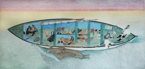 The Brooklyn Museum’s large colored-pencil drawing, Untitled (Successful Walrus Hunt), 2009 by Inuit